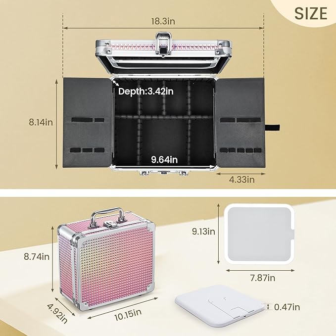 Makeup Case with Magnetic Lighted Mirror Makeup Organizer Box Travel Cosmetic Case with 3 Colors LED Mirror Portable Vanity Make up Suitcase with Lockable Keys Dividers Brush Holder Shiny Pink