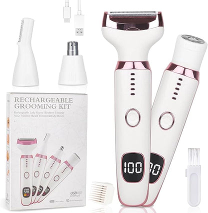 Electric Razors LED Display for Women Men, 2025 Wet/Dry Lady Shaver,4 in 1 Cordless Hair Remover with IPX7 Waterproof,Smooth & Silky Portable Bikini Electric Grooming Set (Pink & White)