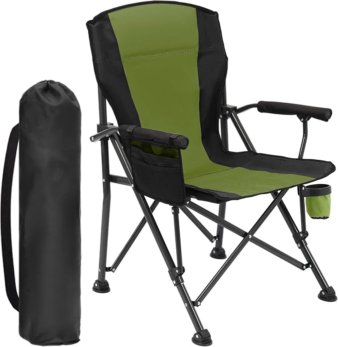 Oversized Folding Camping Chair for Adults, Supports 450 LBS Camping Chairs, Heavy Duty Camping Chair with Side Pockets, Foldable Outdoor Chair for Camping, Beach, Fishing, Hiking, Green-Black