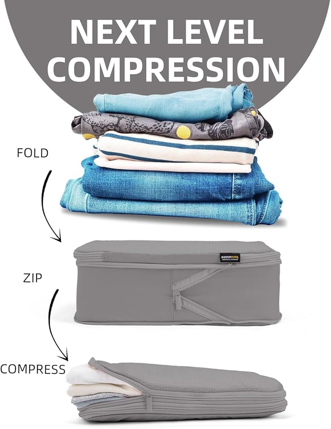 6 Set Compression Packing Cubes for Travel, Large Medium Small Luggage Organizers, Storage Bags for Clothes (6 Pack, Silver Gray)