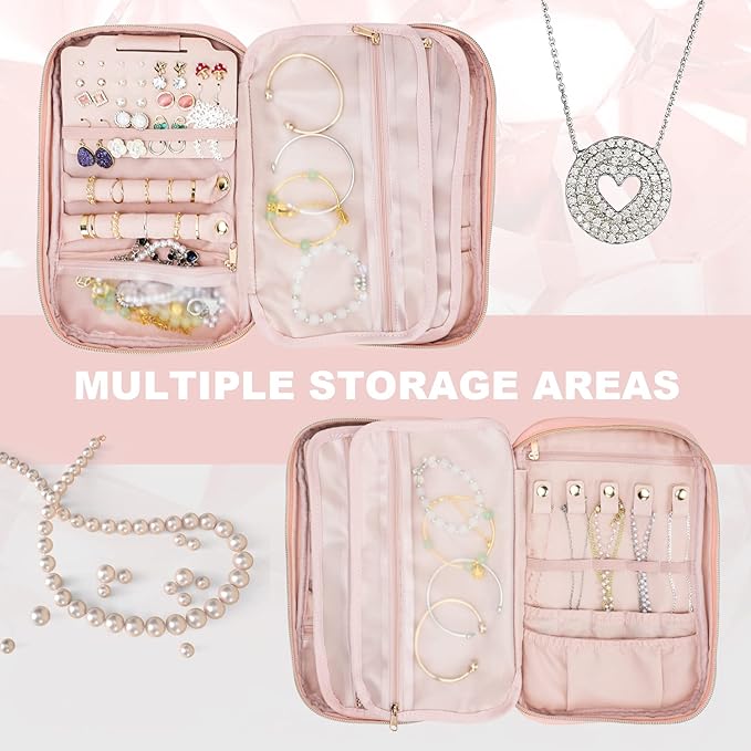 emissary Jewelry Organizer Case Travel Jewelry Storage Bag for Necklace, Earrings, Rings, Bracelet, Valentines Day Gifts, Earring Storage, Necklace Storage, Pouch Bag Accessories for Travel (Pink)