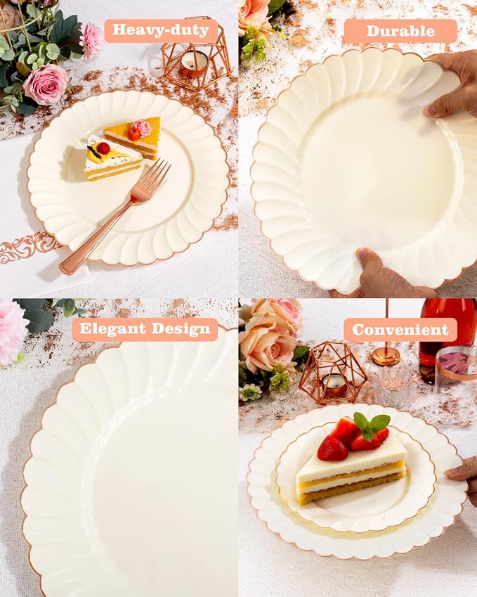YOUBET 175PCS Ivory Scalloped Plastic Plates