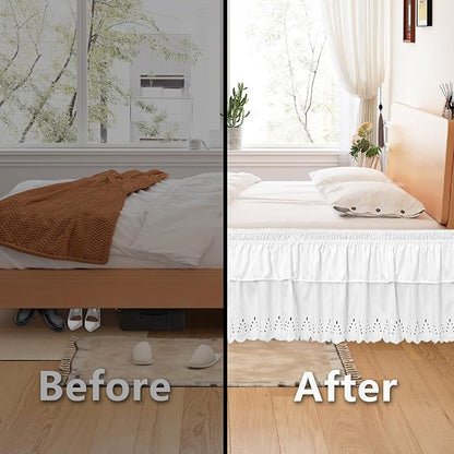 Full Bed Skirt, Double-Layered Ruffled Eyelet Bed Skirt, Wrap-Around Elastic Dust Ruffle Full Size with Gathered Styling and Embroidered Details, 14" Drop Length (White)