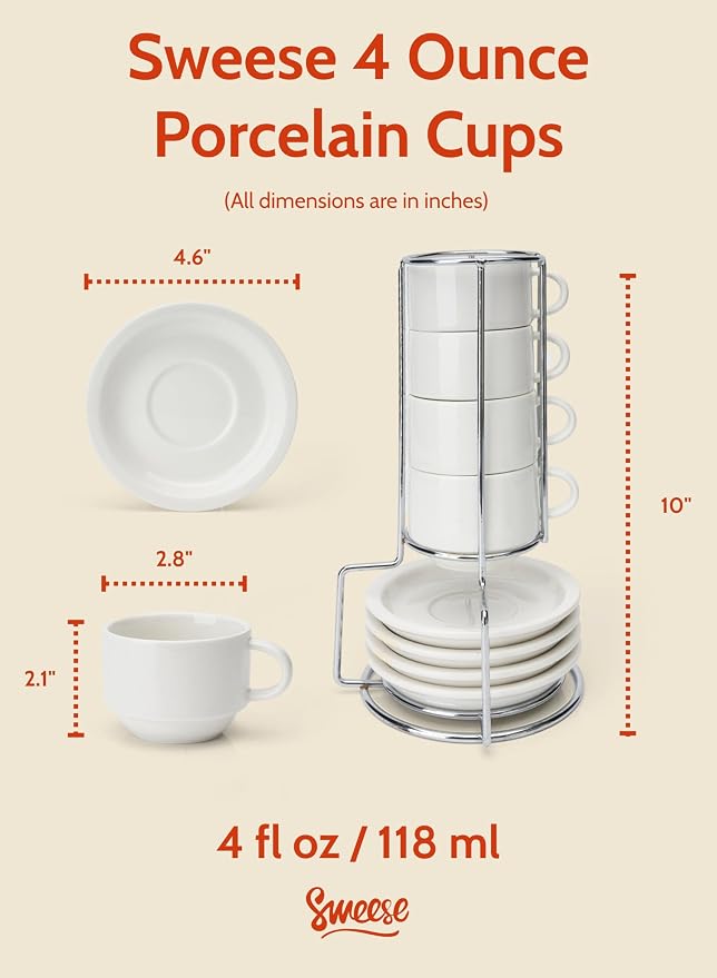 Sweese Porcelain Espresso Cups Set, 4 oz Stackable Cups