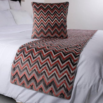 The HomeCentric Grey Bed Runner Without Pillow Cover, King Size 90"x18" Decorative Bed Runner, Peach & Grey Velvet Bed Scarf in Bead Embroidery - Blushed Chevron