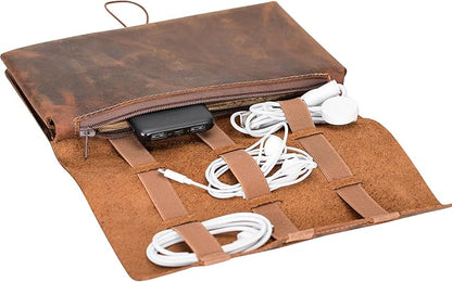 HARDISTON Custom Genuine Leather Electronic Cable Organizer Bag Handmade Travel Cord Organizer Roll Case for Hard Drives, Cables, Charger, Phone, USB, SD Card (Large - Brown)