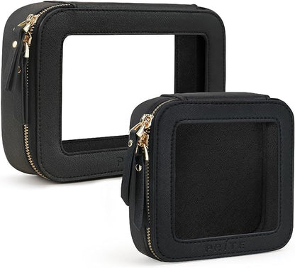 Prite Clear Makeup Bag Set for Women Portable Clear Makeup Bag Cute Waterproof Travel Cosmetic Bag with Gold Zipper for Car Essentials(Black)