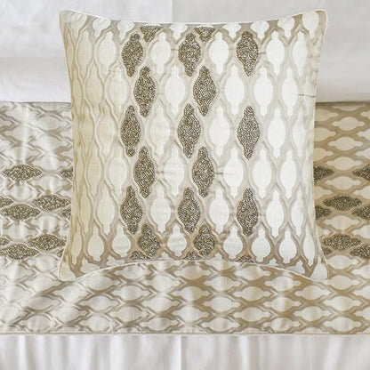 The HomeCentric King/Queen/Twin Ivory Decorative King 90"x18" Bed Runner Without Pillow Cover, Bead Hand Embroidery Bed Scarf on Jacquard Fabric - Priscilla Dazzle