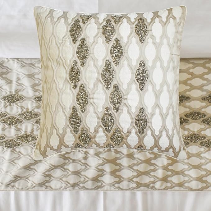 The HomeCentric King/Queen/Twin Ivory Decorative CA King 86"x18" Bed Runner with One Pillow Cover, Bead Hand Embroidery Bed Scarf on Jacquard Fabric - Priscilla Dazzle