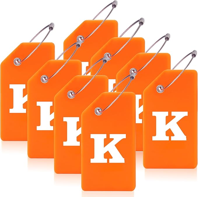 8 Pcs Luggage Tags for Suitcases, 26 Initial Letter Travel Luggage Baggage Identification Labels ID Tags Fully Bendable Tags with Stainless Steel Loop (Letter K, Orange)