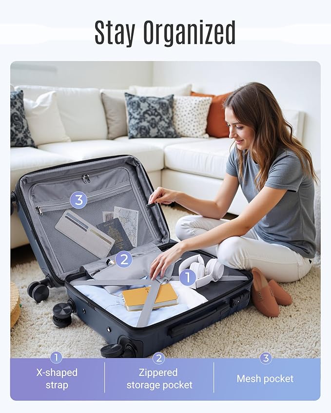 LIGHT FLIGHT Luggage Sets, 3 Piece Durable Suitcase Set with Spinner Wheels, 3 Pcs Hardside Lightweight luggage with TSA Lock, Large Checked Travel Suitcases, 20/24/28 Inch, Dark Blue
