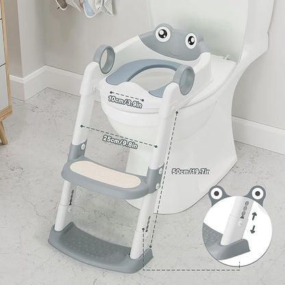 Potty Training Seat with Step Stool Ladder, Toddler Toilet Seat with PU Cushion, Adjustable 5-Level Height, Foldable Potty Training Toilet for Kids Boys Girls, Anti-Slip Pads Ladder