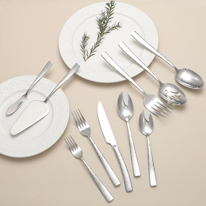 Large Hostess Serving Utensils Set, Stainless Steel Heavy Duty Hammered Serving spoons, Slotted Spoons, Serving Fork, Cake Server, Butter Knife, Dishwasher Safe（Silver）