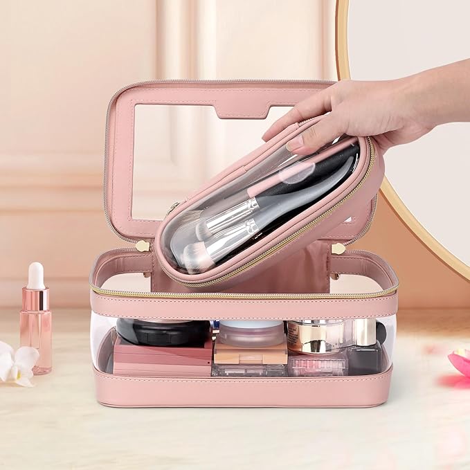 Travel Clear Makeup Bag with Makeup Brush Bag, Leather Makeup Case Toiletry Bag, Portable Cosmetic Bag Case, Transparent Waterproof Cosmetic Organizer Storage Bag for Women, Pink