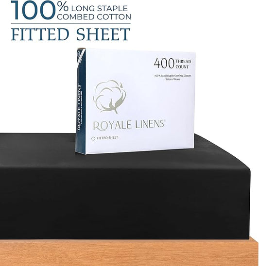Royale Linens 400 Thread Count 100% American Grown Cotton Fitted Sheet Queen Size - All Around Elastic Fitted Sheet - Luxury Sateen Weave - Snug Fit Bottom Sheets Fit Up to 16" (Queen,Night Black)