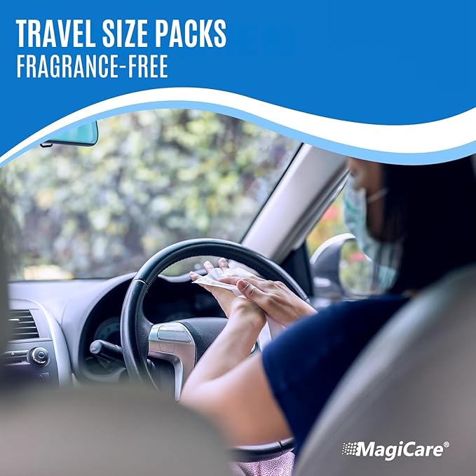 MagiCare 75% Alcohol Hand Sanitizing Wipes (Travel Wipes, 10 Packs) - Premium, Unscented, Large Alcohol Wipes - Hand Wipes Travel Size - Bag, Purse, Car - 10 Packs of 20 (200 Hand Sanitizer Wipes)