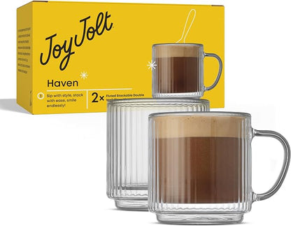 JoyJolt Haven Stackable Fluted Glass Mugs Set of 2, 5.5oz Ribbed Double Wall