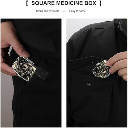 Metal 2 Compartment Pill Organizer Travel Friendly Portable Compact Pill Box Cute Pill Case,for Pocket Wallets Daily Portable Medicine Vitamin Tablet Storage (The Skeleton in The Vortex)