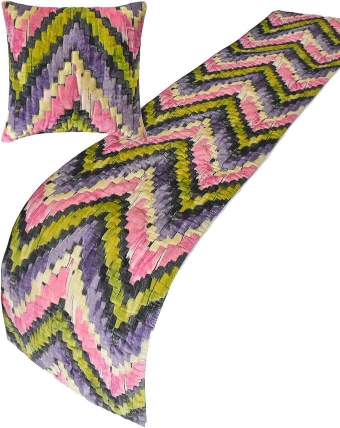 The HomeCentric King/Queen/Twin Pink & Purple Luxury Full 68"x18" Bed Runner with Two Pillow Cover, Chevron, Quilted Bed Scarf on Velvet Fabric - Artful Chevron