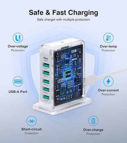 Charging Station for Multiple Devices, 45W 6 Port USB Charger Charging Block with 1 USB-C 5 USB-A Port, Power Strip Plug Charging Multi Travel Chargers for iPhone iPad, Tablets, Smartphones