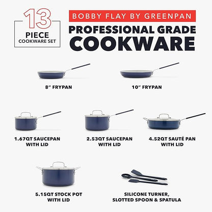 GreenPan x Bobby Flay 13 Piece Nonstick Cookware Pots and Pans Set, PFAS-Free Diamond Ceramic, Induction Suitable, Easy Clean Dishwasher & Oven Safe, Stay-Cool Silicone Handles, Glass Lids, Navy Blue