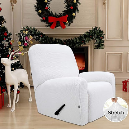 Easy-Going Recliner Stretch Sofa Slipcover Sofa Cover 4-Pieces Furniture Protector Couch Soft with Elastic Bottom Spandex Jacquard Fabric Small Checks(Recliner,Snow White,Large)