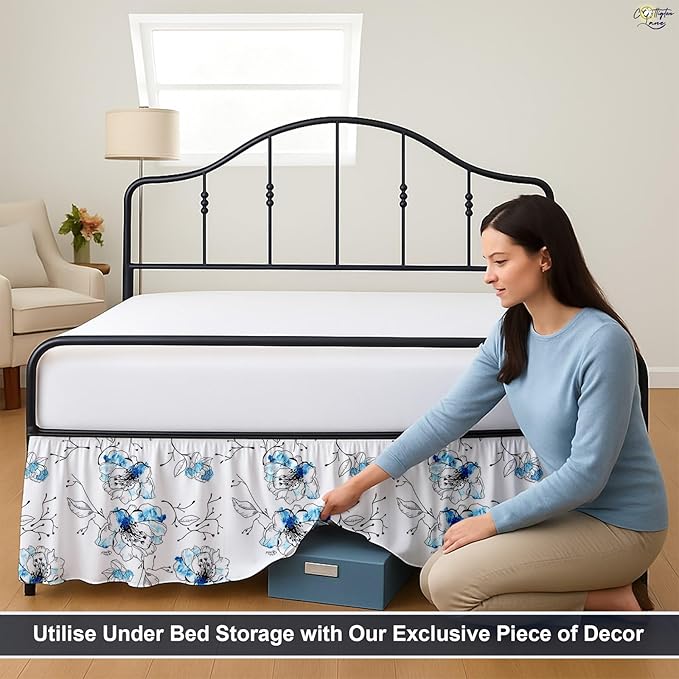 Cottington Lane Ruffled Bed Skirt King Size with Split Corner, Brushed Microfiber Hotel Quality Dust Ruffle, 18 Inch Drop Gathered Bedskirt, Soft, Stylish, Shrink & Fade Resistant, Blue Blossom