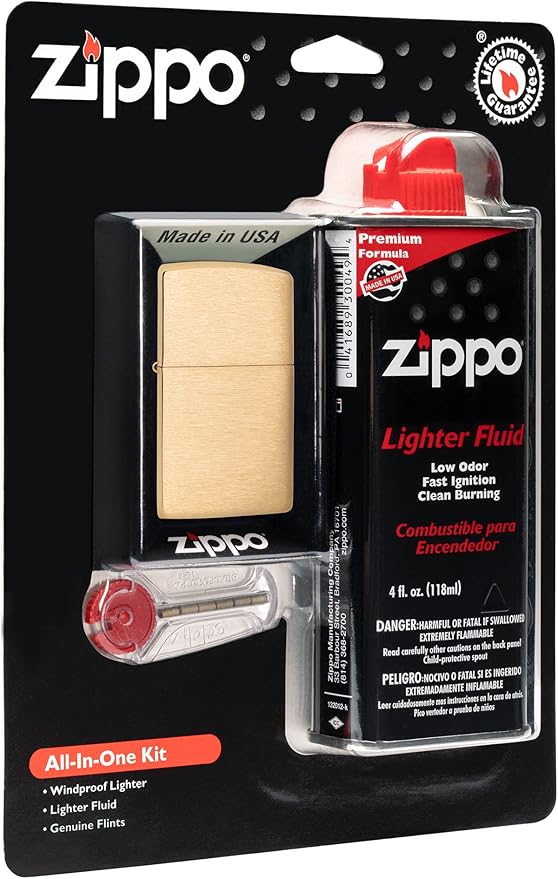 Zippo All-in-One Kit with Brushed Brass Windproof Lighter