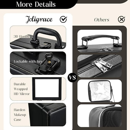 Joligrace Travel Makeup Case with Mirror, Makeup Organizer Case, PU Leather Makeup Train Case Portable Vanity Case Make up Box Countertop Storage Bag for Women,with Adjustable Dividers & Brush Holder
