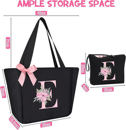 Vavabox Tote Bag, A-Z Initial Monogrammed Waterproof Tote Bag, Bridesmaid Gifts for Women, Black and Pink