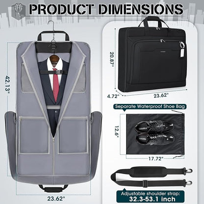 RAINSMORE Garment Bags for Travel Carry On Garment Bag for Hanging Clothes, Suit Bag for Business Trips with Shoes bag & Shoulder Strap, Waterproof Foldable Suit Luggage Bag for Men Women, Black