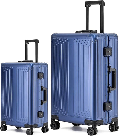 Metal all aluminum carry-on suitcase 20 "hard face, TSA lock and rotating wheel zippered luggage set (blue, 2Piece(20/28))