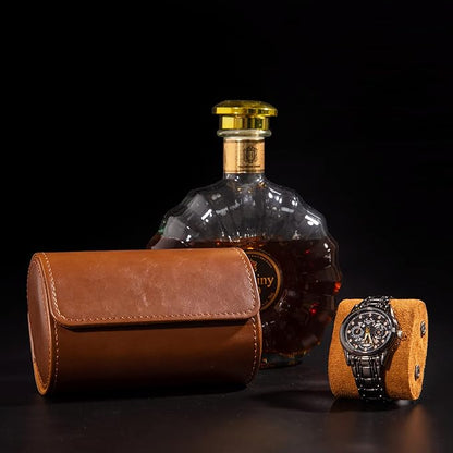 MR.OKAY 2 Watch Travel Case-Classic Leather Watch Case With Superb Texture.Portable Watch Roll Or Organizer For Storage And Display. Travel Gift for Men, All Handmade By Leather Craftsmen.