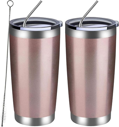 MEWAY 20oz Tumbler 2 Pack Double Wall Vacuum Insulated Travel Mug Bulk, Stainless Steel Tumblers with Lid and Straw, Durable Powder Coated Coffee Cups for Cold & Hot Drinks (Rose Gold, 2)