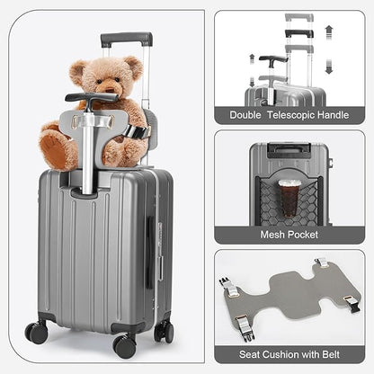 MRPLUM Carry On Luggage Double Handle Suitcase with Net Pocket,Hard Shell Spinner Wheels Luggage with TSA Lock&Seat Belt,20 inch,Grey