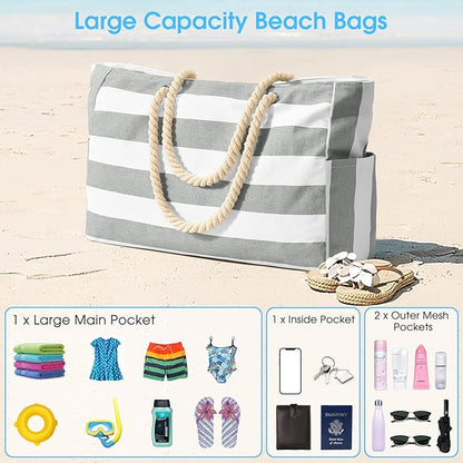Becokan Beach Bags for Women Large Waterproof Beach Tote Bag Zipper Beach Bags Waterproof Sandproof Swim Pool Bag Large Tote