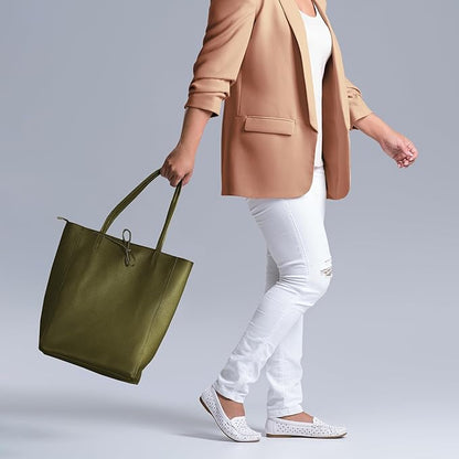 Italian Calf Leather Tote for Women with Zipper, Inner Pocket & Flat Base | Soft Unlined Shopper for Work & Travel
