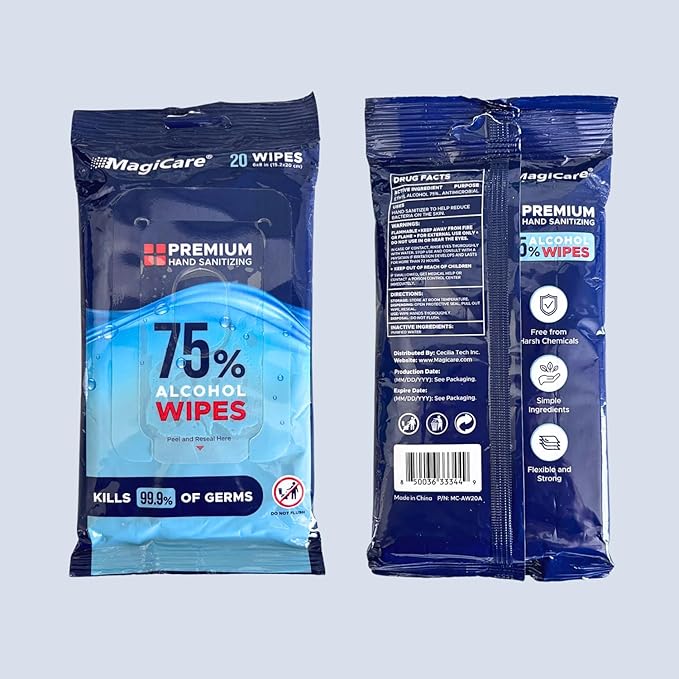 MagiCare 75% Alcohol Hand Sanitizing Wipes (Travel Wipes, 10 Packs) - Premium, Unscented, Large Alcohol Wipes - Hand Wipes Travel Size - Bag, Purse, Car - 10 Packs of 20 (200 Hand Sanitizer Wipes)