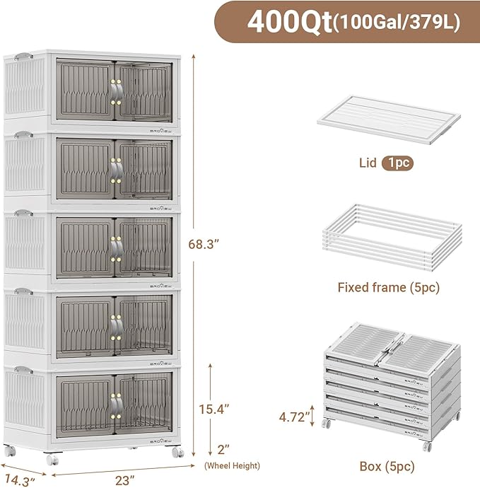 BROVIEW 400Qt Stackable Storage Bins with Lid, Extra Large Closet Organizer Collapsible Drawer Boxes with Wheels, Folding Plastic Cabinet Containers for Home Kitchen Room Organization, 5Pack White