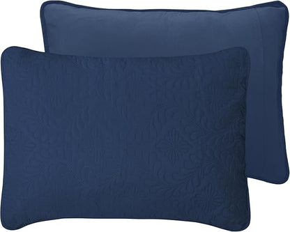 Easy-Going Twin Size Reversible Quilt Set with 1 Quilt and 1 Pillow Sham, Soft Bed Quilt Cover, Water Resistant Lightweight Microfiber Bedspread, Stain Resistant, Olive Leaf-Dark Blue/Light Blue