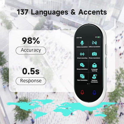 Language Translator Device, Portable Translator No WiFi Needed, Offline Voice Photo Translation, 137 Languages Supported, High Accuracy Translator Device for Travel Business Learning (White)