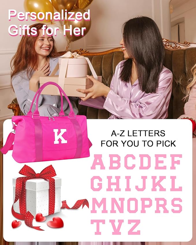 Overnight Bag for Kids Teen Girls Weekender Dance Bag Birthday Graduation Gifts,Initial Travel Duffel Bag Sports Gym Bag Personalized Weekender Bag Carry On Bags Preppy Gifts for Women(Hot Pink, K)