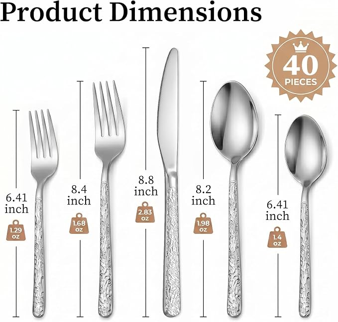 40 Piece Silverware Set for 8, Vintage Stainless Steel Flatware Set | Stone
