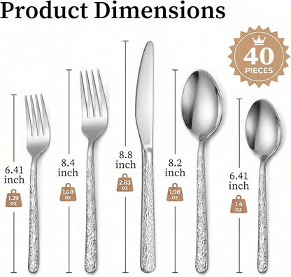 40 Piece Silverware Set for 8, Vintage Stainless Steel Flatware Set | Stone