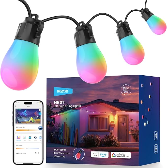 NEEWER 48ft Outdoor String Lights, App Control Smart AI RGBW Hanging Outside