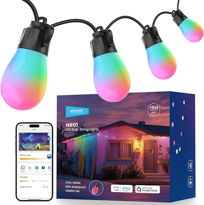 NEEWER 48ft Outdoor String Lights, App Control Smart AI RGBW Hanging Outside