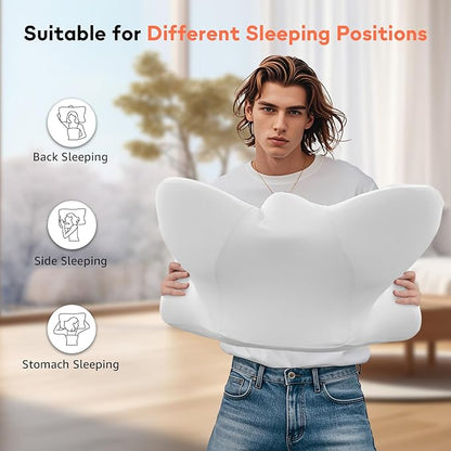 Dual-Height Cervical Neck Pillow for Pain Relief, Memory Foam Pillows with Cooling Tech -3D Ergonomic Support, Cooling Cover, for Side/Back/Stomach Sleeper Pillow, Minimalist Style - White