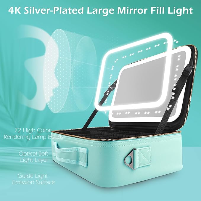MOMIRA Travel Cosmetic Train Case with Lighted Mirror 3 Color Scenarios Cosmetic Bag Organizer with Adjustable Dividers Makeup Storage for Women, Makeup Accessories & Tools Case Aqua Blue