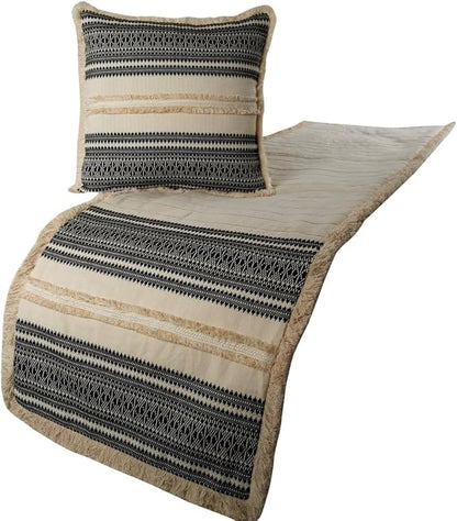 The HomeCentric Beige Bed Runner, King Size 90"x18" Decorative Bed Runner with 2 Matching Pillow Cover, Beige & Black Linen Bed Scarf in Quilted, Natural Linen with Lace - Moroccan Vibe