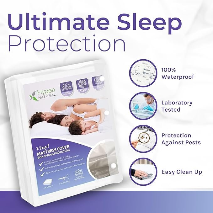 Hygea Natural King Size Tear-Free Vinyl Box Spring & Mattress Cover - Waterproof, Anti-Bed Bug and Allergen-proof, Zippered Encasement - 78” x 80” x 9” Deep - Durable Protection